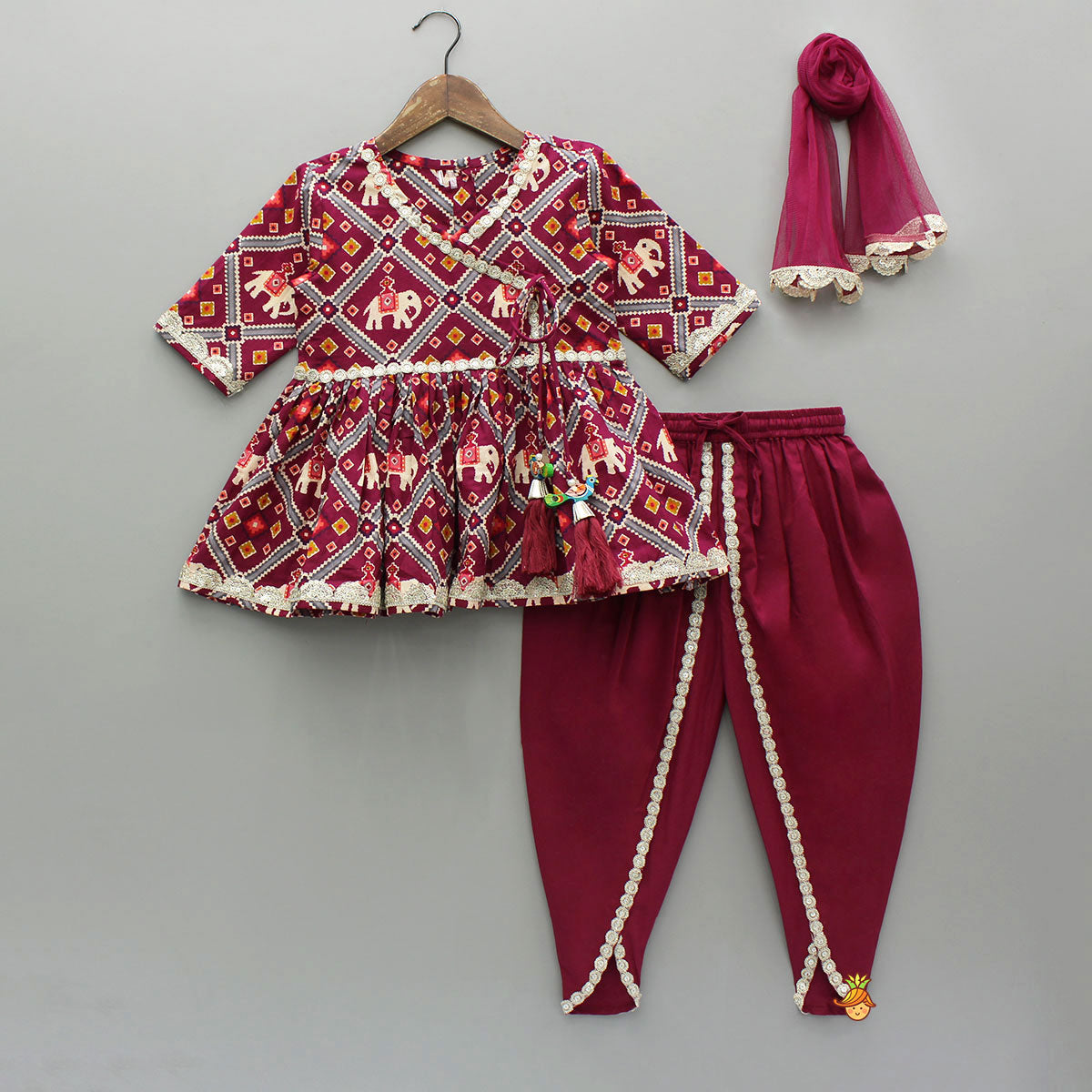 Pre Order: Beautiful Patola-Printed Angarkha Style Kurti And Dhoti With Dupatta