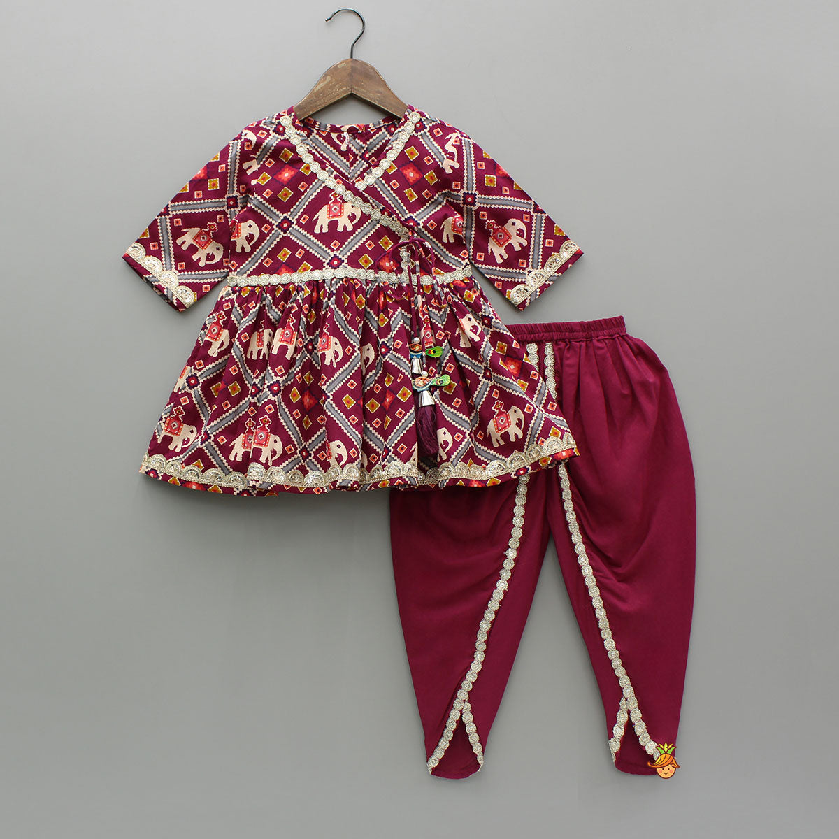 Pre Order: Beautiful Patola-Printed Angarkha Style Kurti And Dhoti With Dupatta