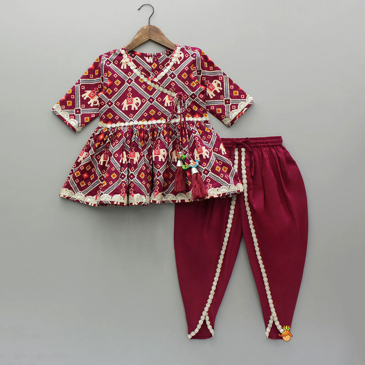 Pre Order: Beautiful Patola-Printed Angarkha Style Kurti And Dhoti With Dupatta