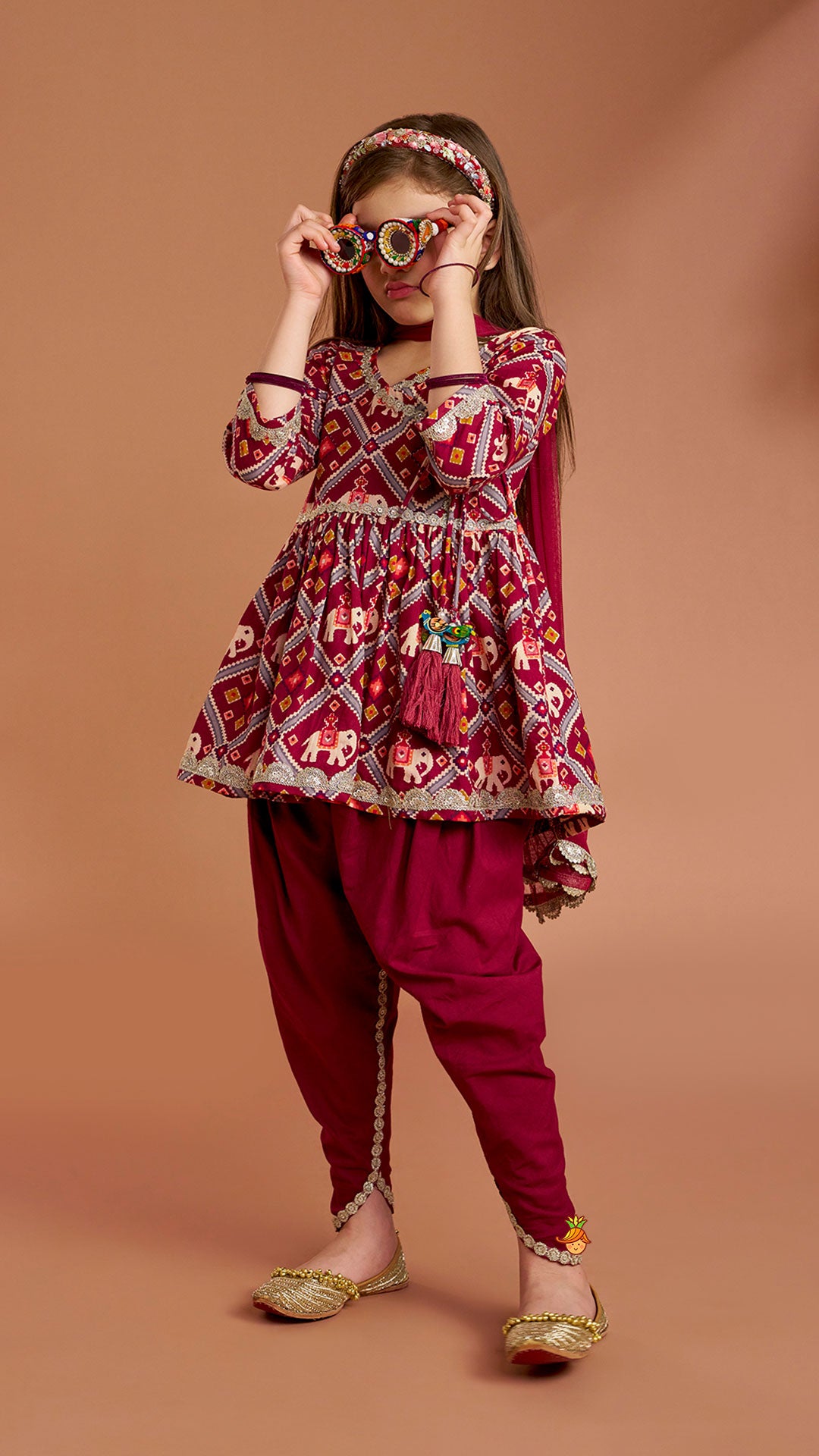 Pre Order: Beautiful Patola-Printed Angarkha Style Kurti And Dhoti With Dupatta