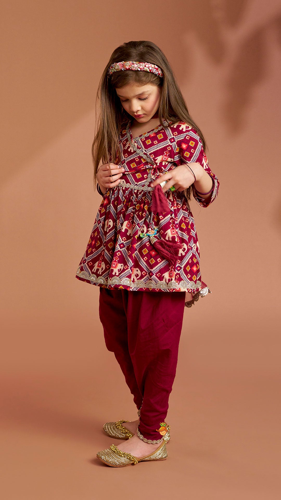 Pre Order: Beautiful Patola-Printed Angarkha Style Kurti And Dhoti With Dupatta