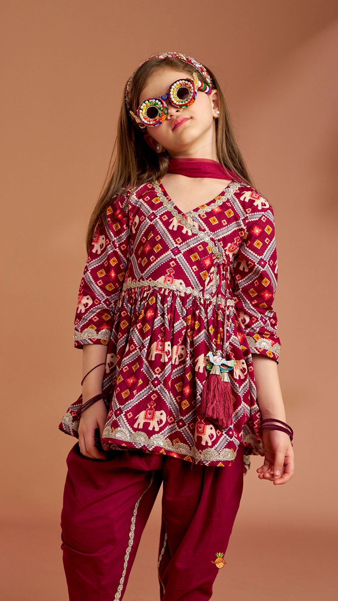 Pre Order: Beautiful Patola-Printed Angarkha Style Kurti And Dhoti With Dupatta