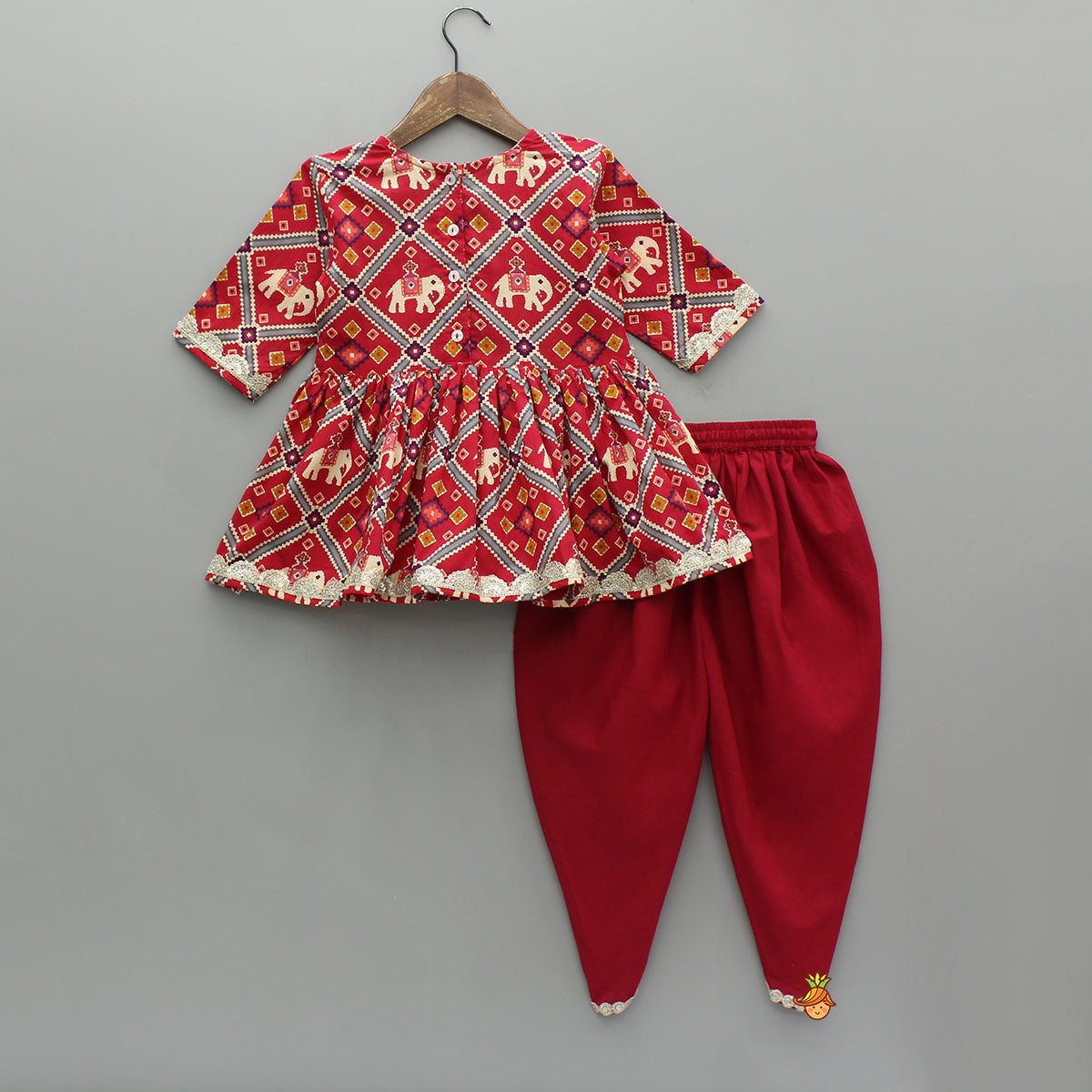 Pre Order: Beautiful Patola-Printed Angarkha Style Red Kurti And Dhoti With Dupatta