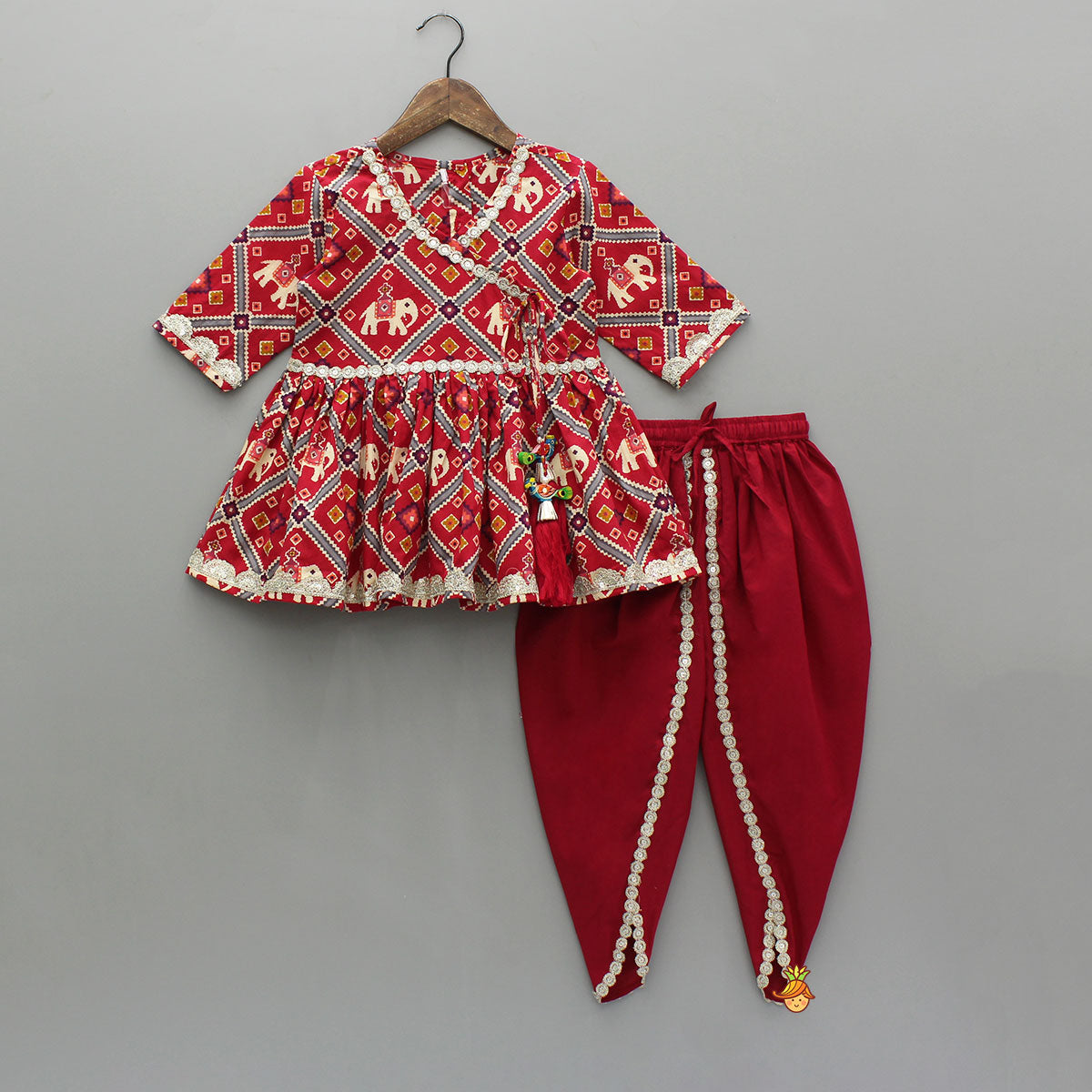 Pre Order: Beautiful Patola-Printed Angarkha Style Red Kurti And Dhoti With Dupatta