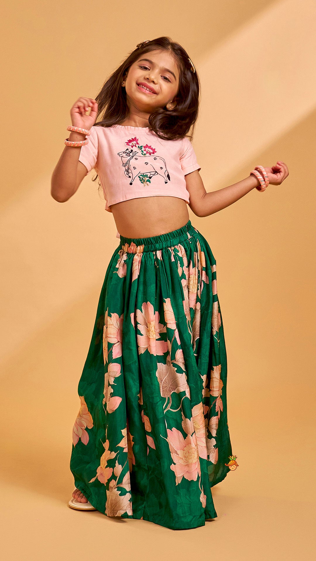 Pleated Neckline Peach Printed Top And Floral Printed Green Palazzo