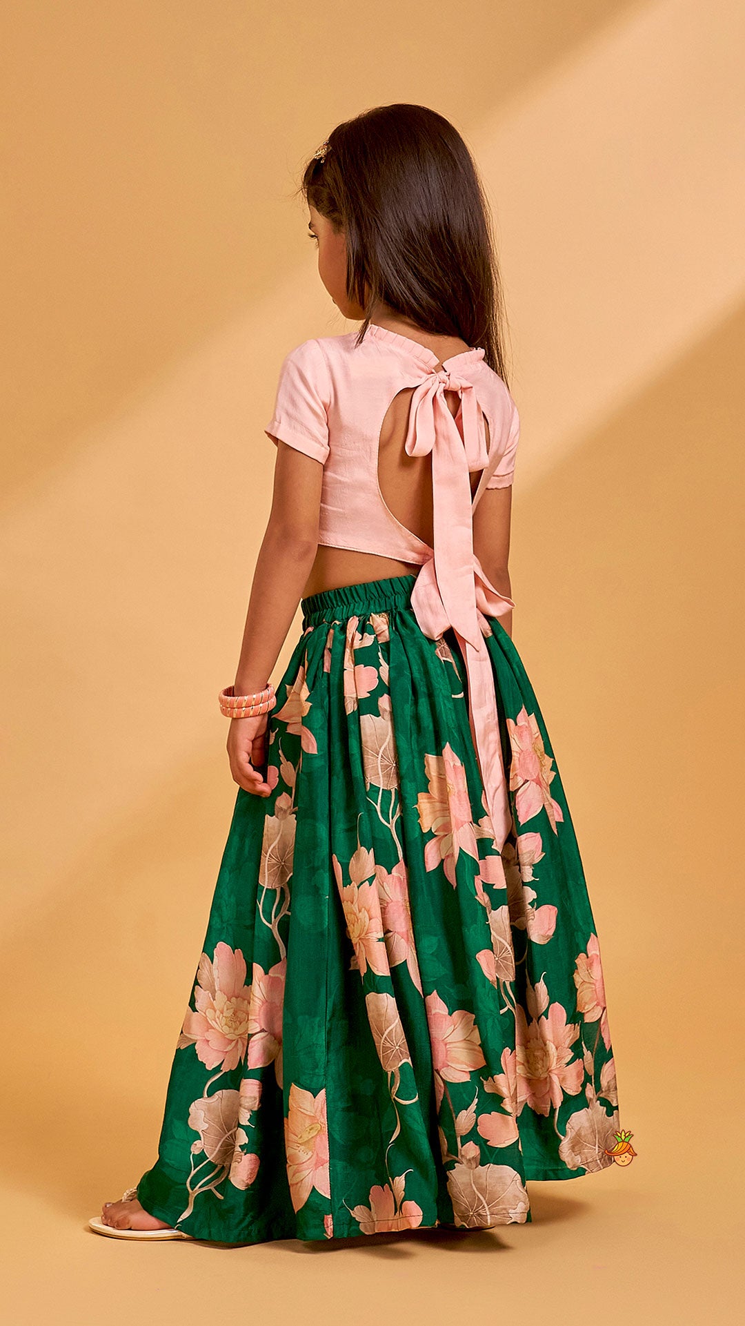 Pleated Neckline Peach Printed Top And Floral Printed Green Palazzo