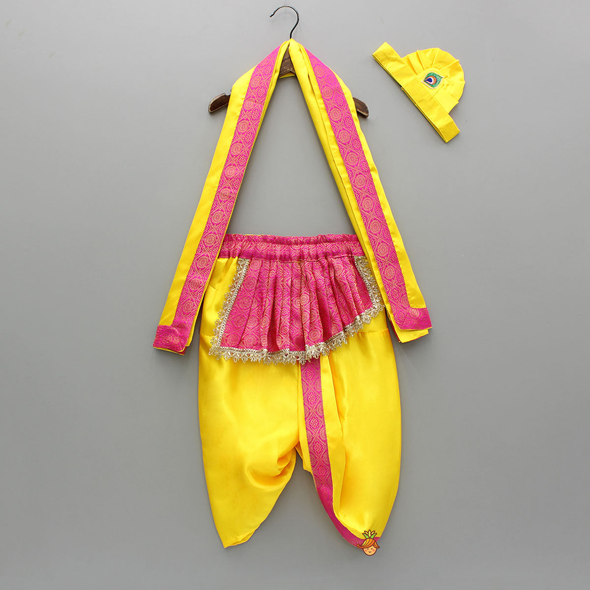 Pre Order: Brocade Flap-Enhanced Yellow Dhoti With Shawl And Mor Pankh Headband