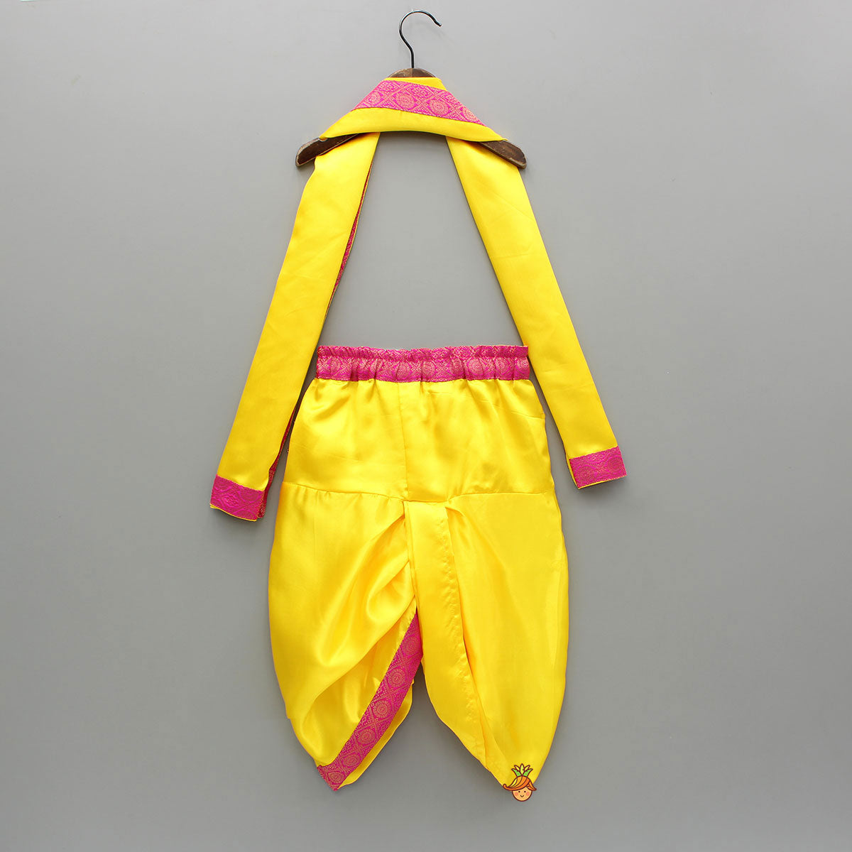 Pre Order: Brocade Flap-Enhanced Yellow Dhoti With Shawl And Mor Pankh Headband