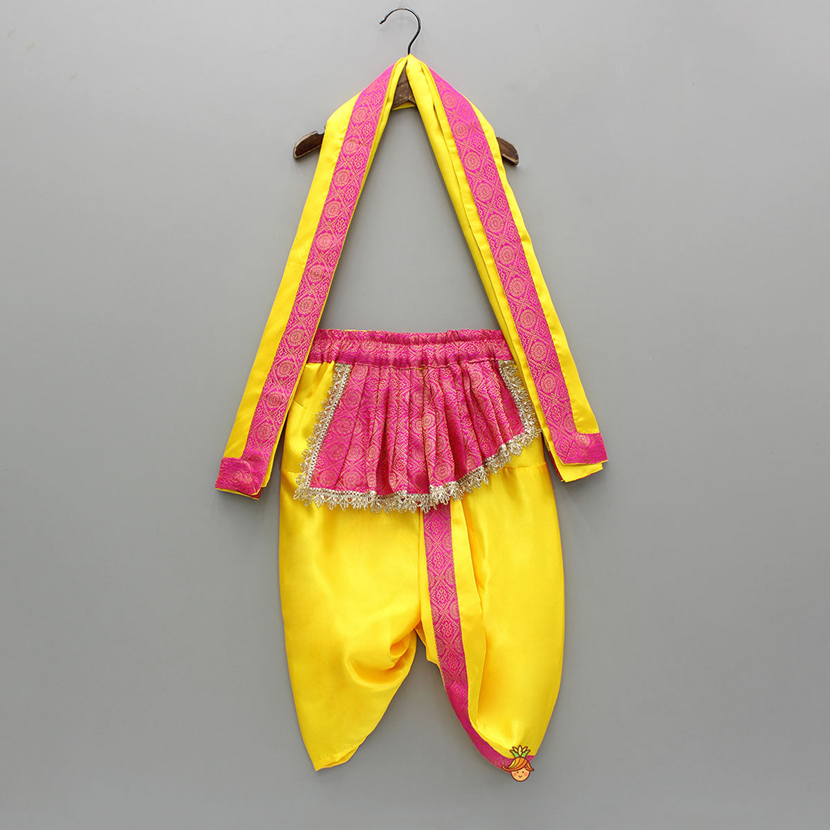 Pre Order: Brocade Flap-Enhanced Yellow Dhoti With Shawl And Mor Pankh Headband