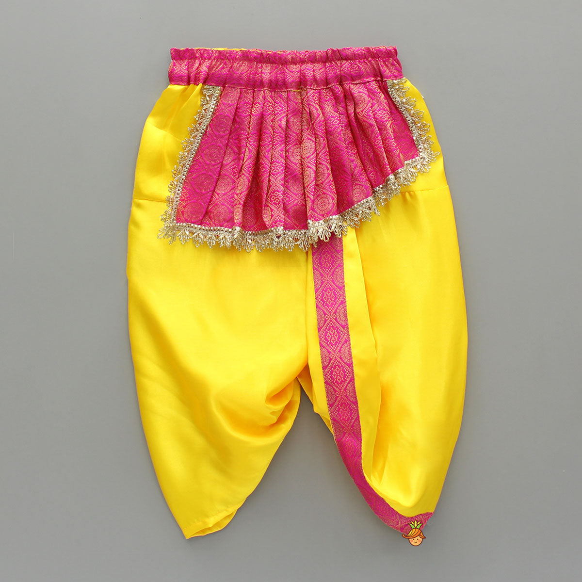 Pre Order: Brocade Flap-Enhanced Yellow Dhoti With Shawl And Mor Pankh Headband