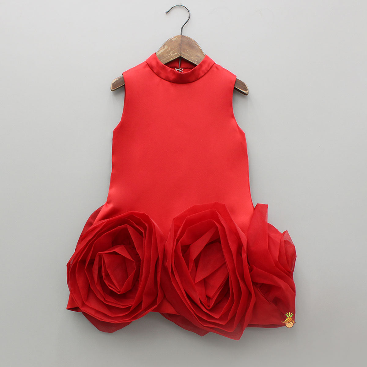 Organza Rose Detailed Red Satin Dress