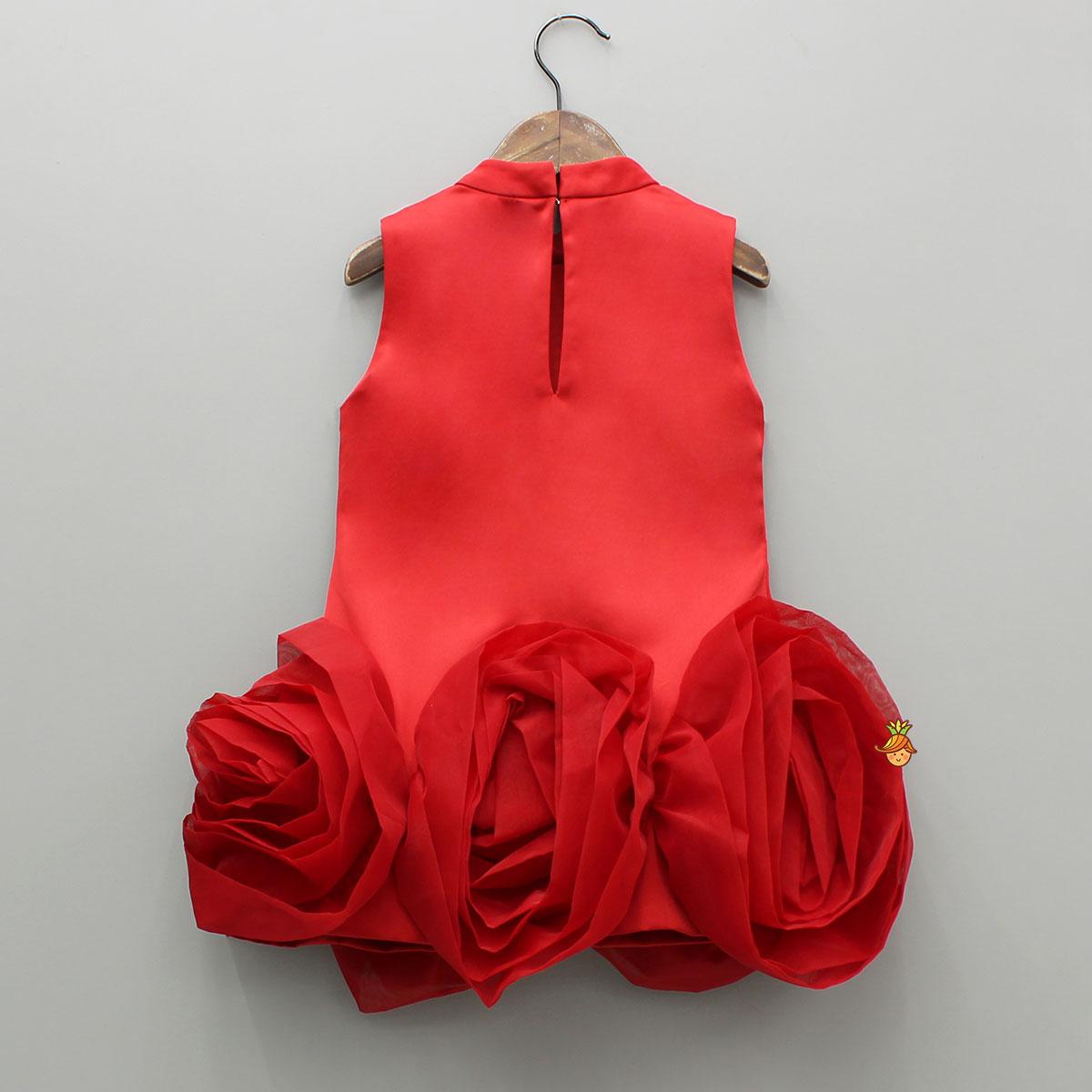 Organza Rose Detailed Red Satin Dress