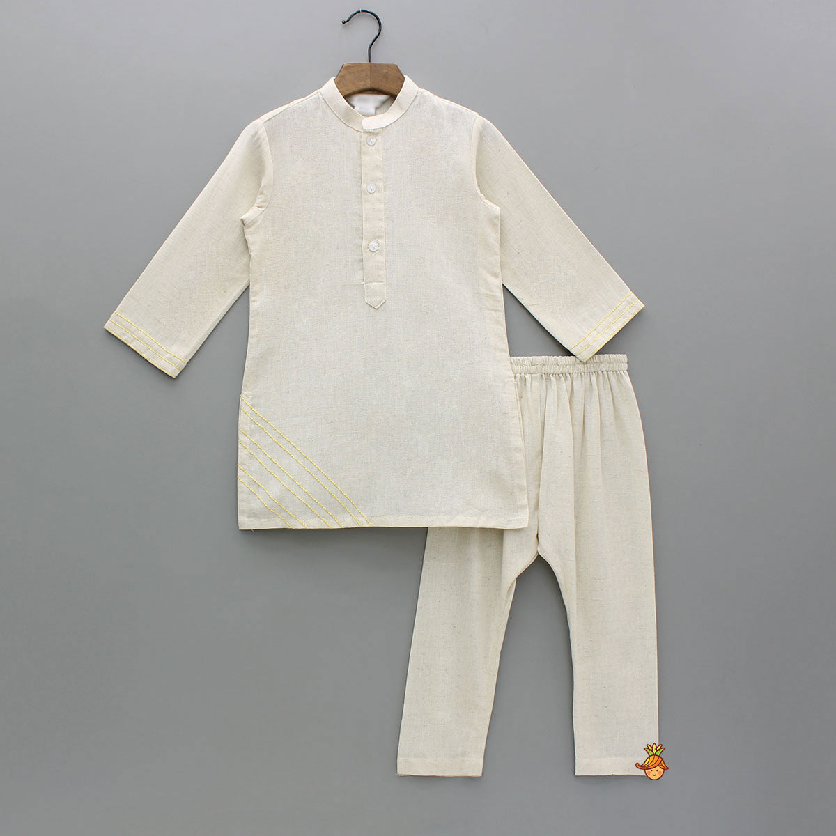 Off White Khadi Kurta With Yellow Tulip Printed Jacket And Pyjama