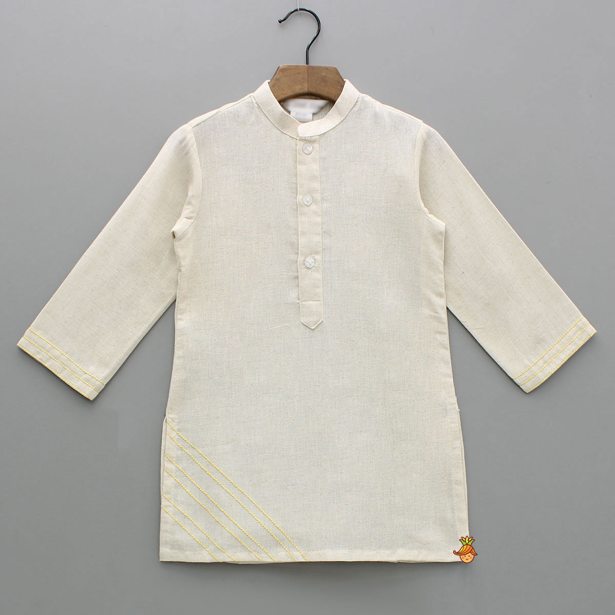 Off White Khadi Kurta With Yellow Tulip Printed Jacket And Pyjama