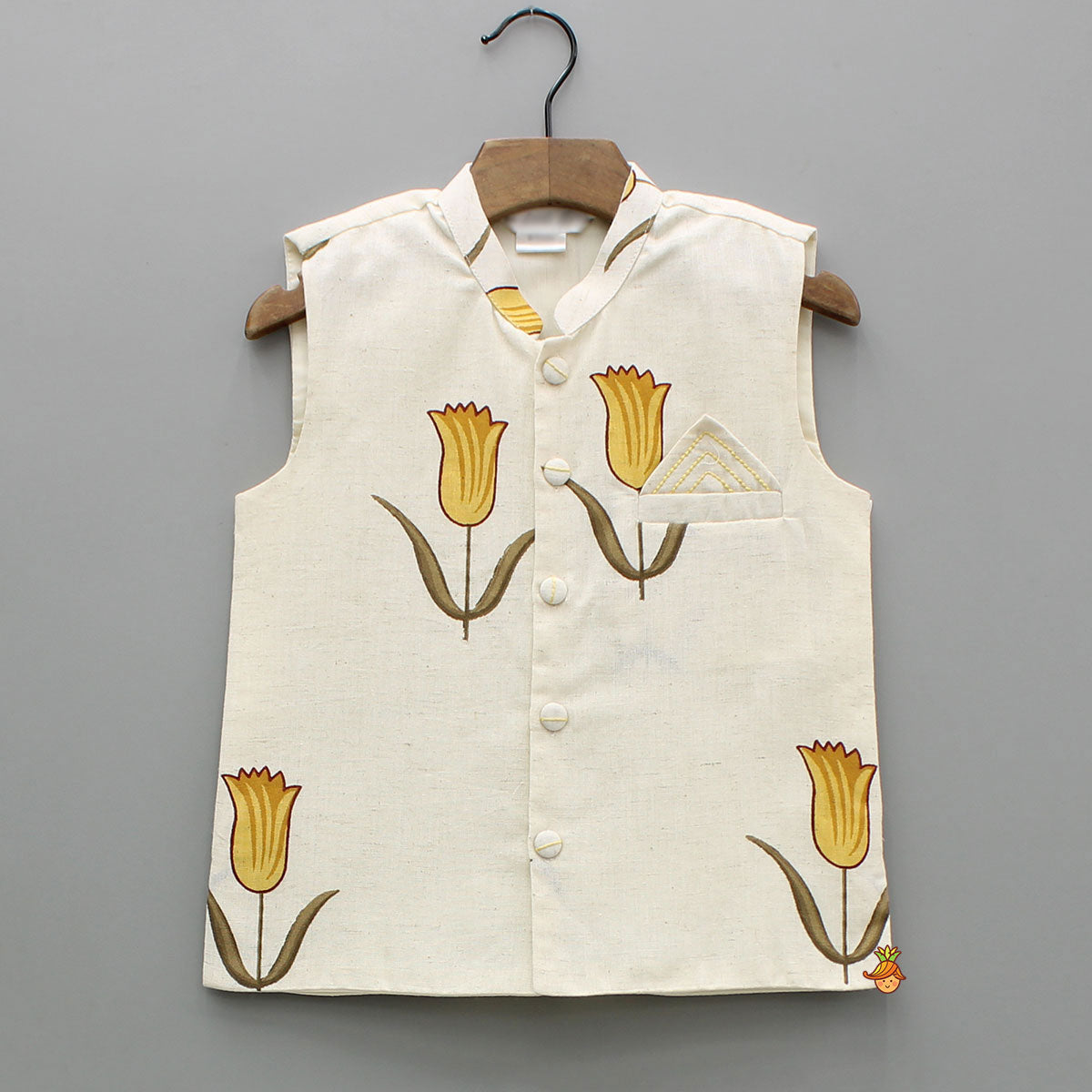 Off White Khadi Kurta With Yellow Tulip Printed Jacket And Pyjama