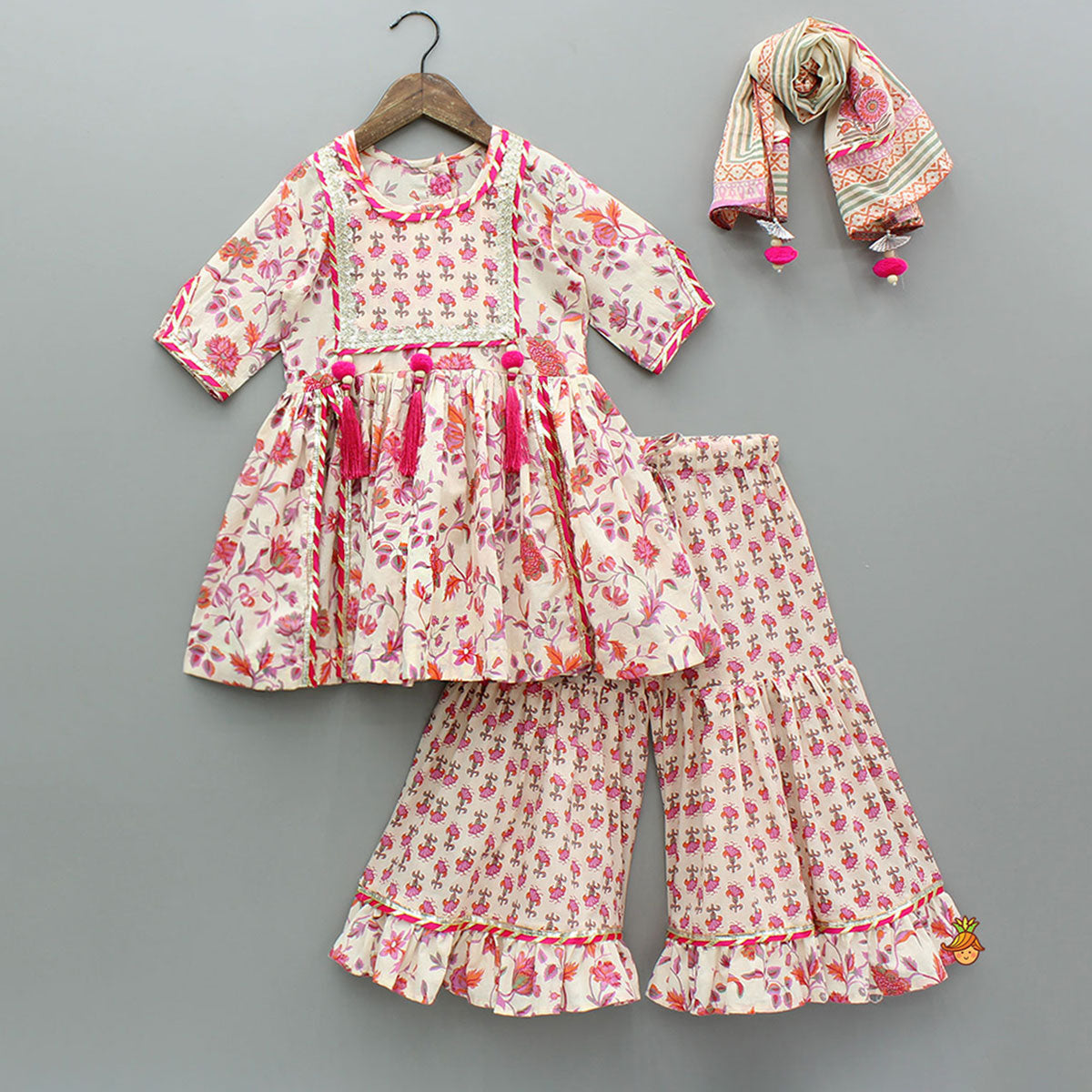 Pre Order: Tassel Adorned Floral Print Kurti And Sharara With Dupatta