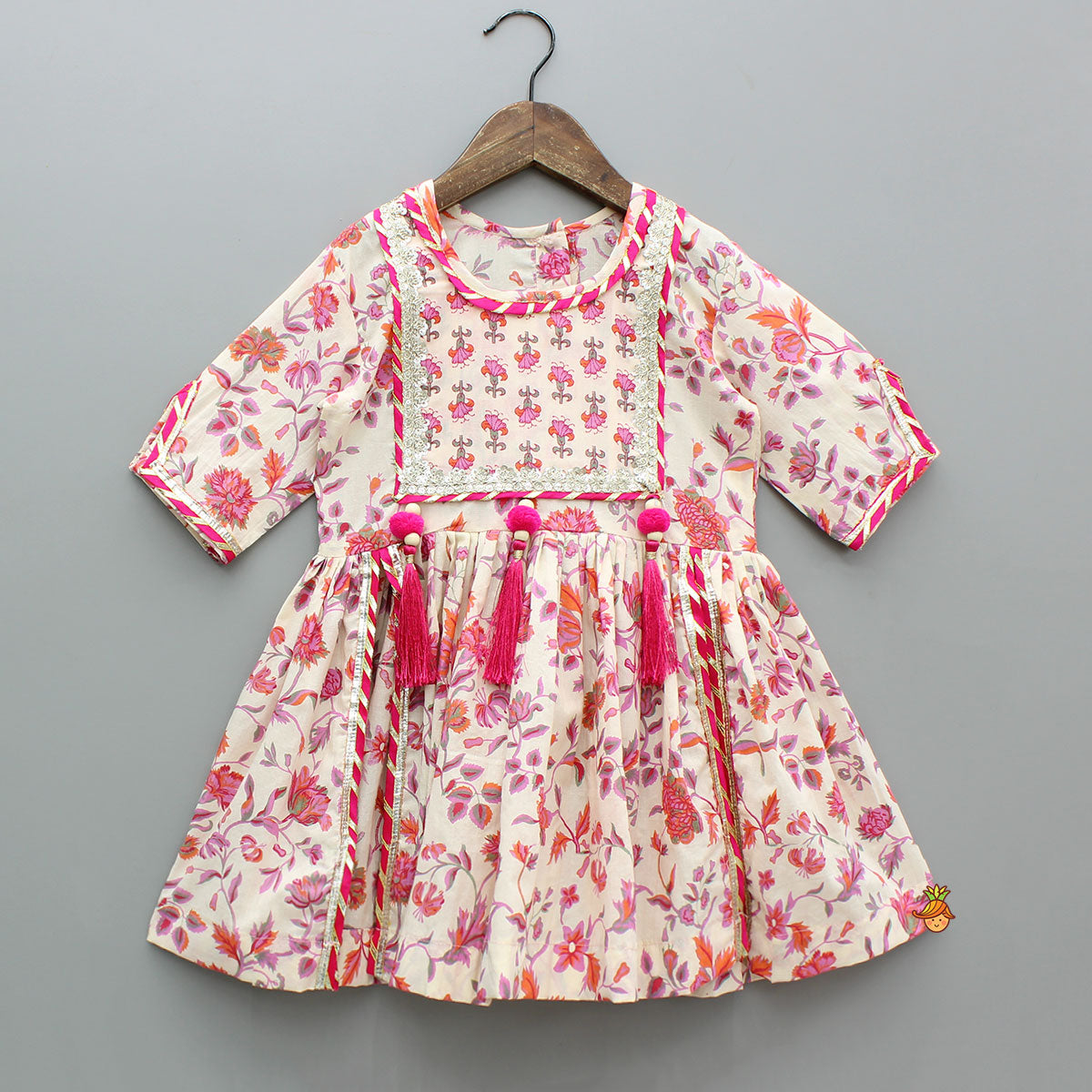 Pre Order: Tassel Adorned Floral Print Kurti And Sharara With Dupatta