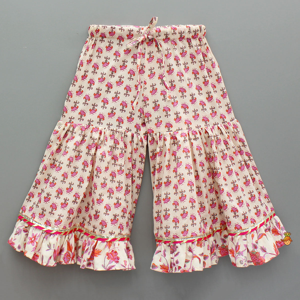 Pre Order: Tassel Adorned Floral Print Kurti And Sharara With Dupatta