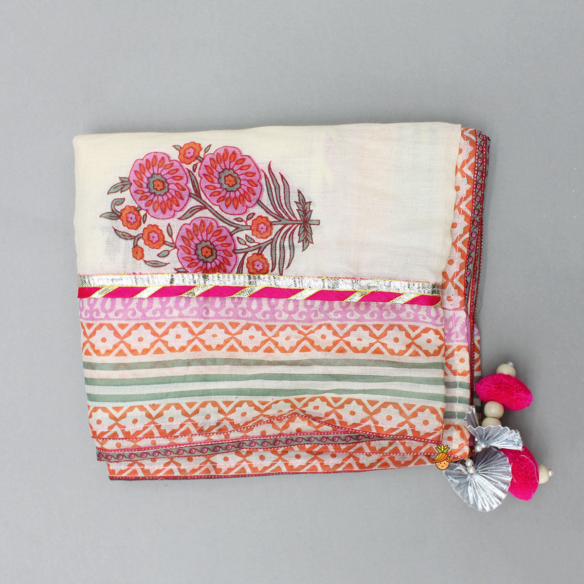 Pre Order: Tassel Adorned Floral Print Kurti And Sharara With Dupatta