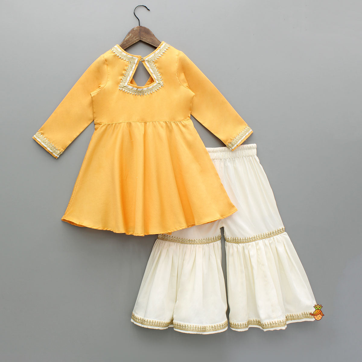 Pre Order: Orange Angarkha Style Lace Detailed Kurti And Sharara