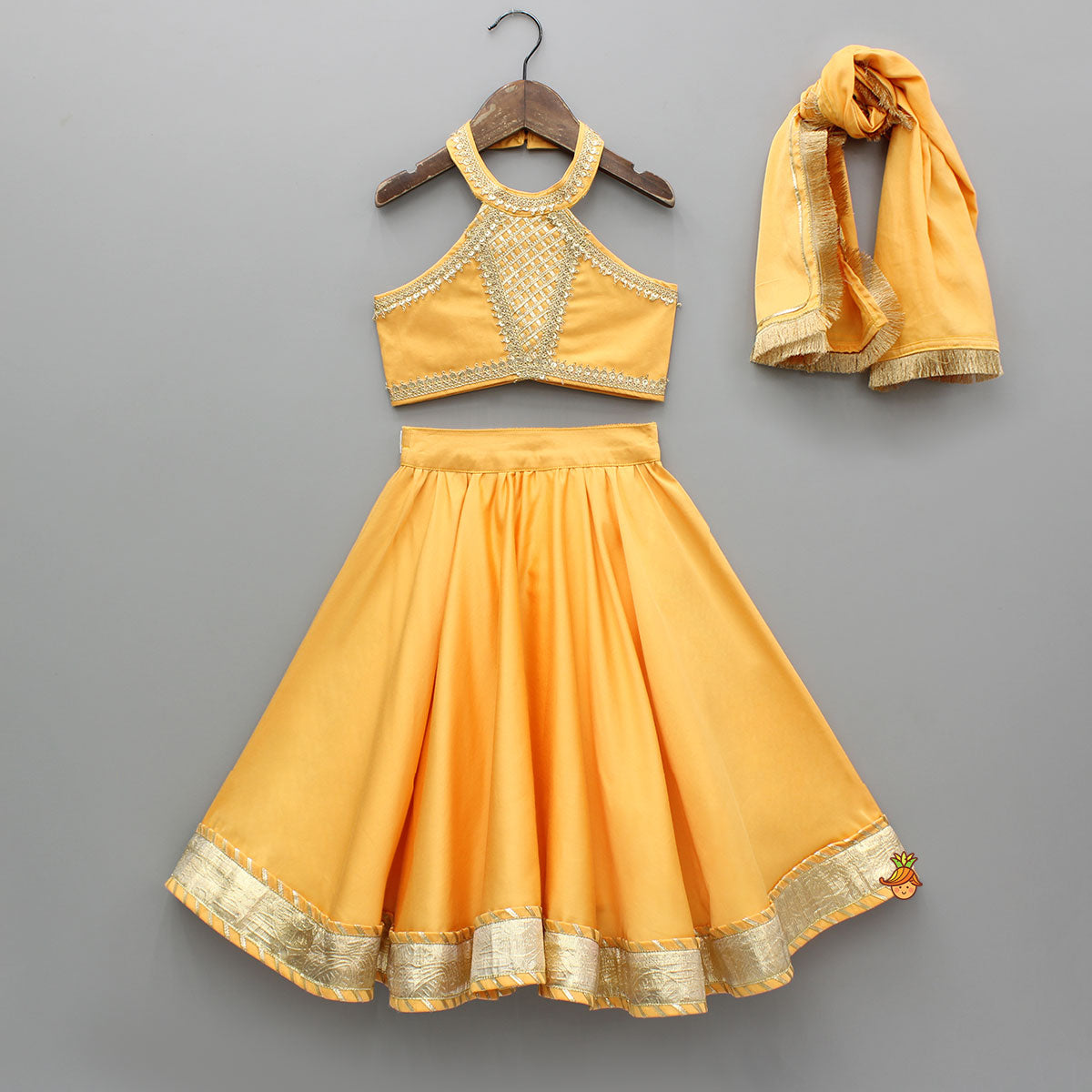Pre Order: Orange Lace Top With Lehenga And Dupatta