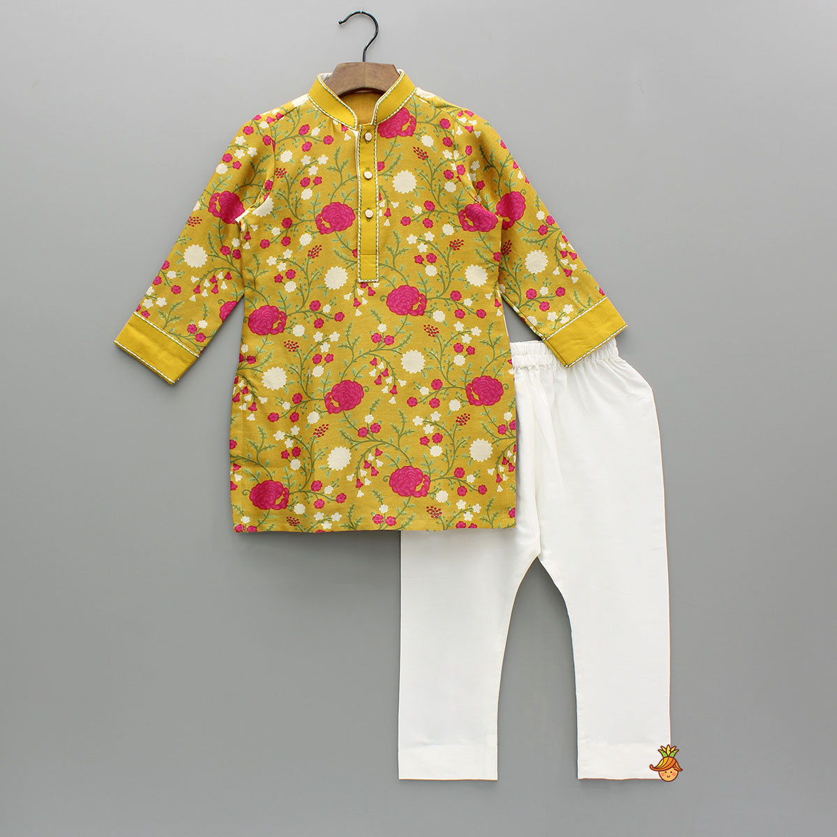 Pre Order: Mustard Floral Printed Kurta With Pyjama