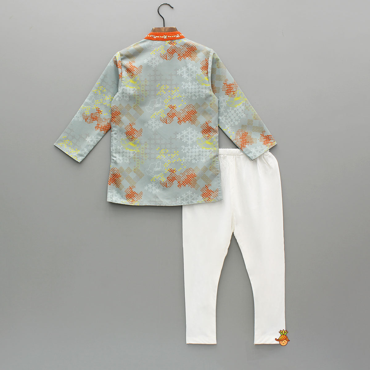 Pre Order: Printed Grey Embroidery Detailed Kurta With Pyjama