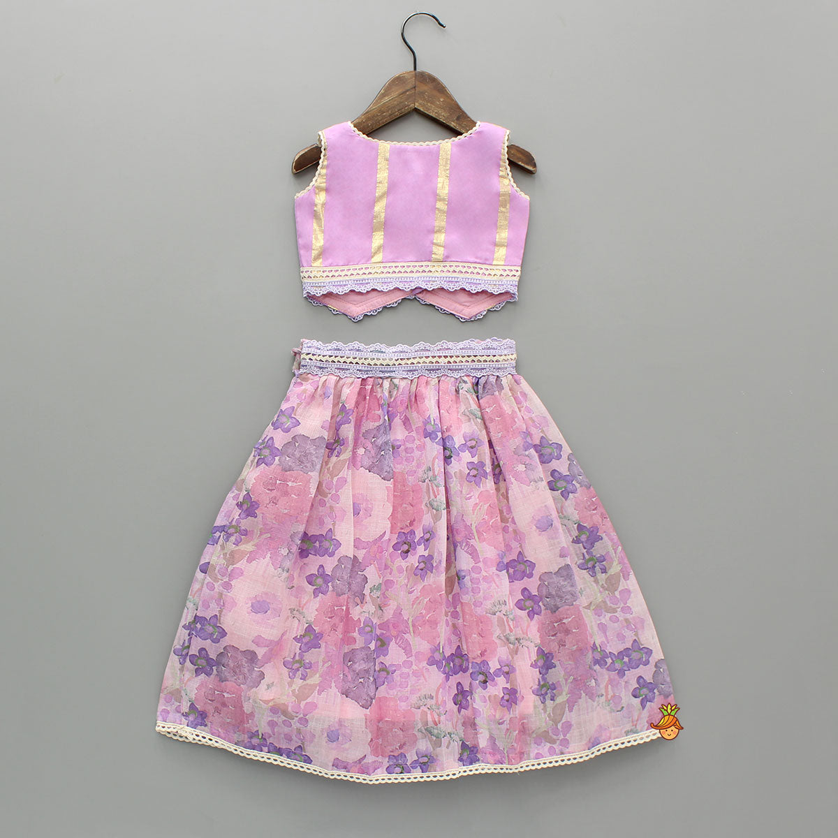 Pre Order: Heart Detail Pink Top With Floral Lehenga