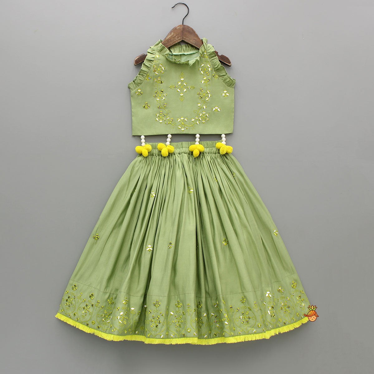 Pre Order: Faux Mirror Work Green Top And Lehenga With Net Dupatta