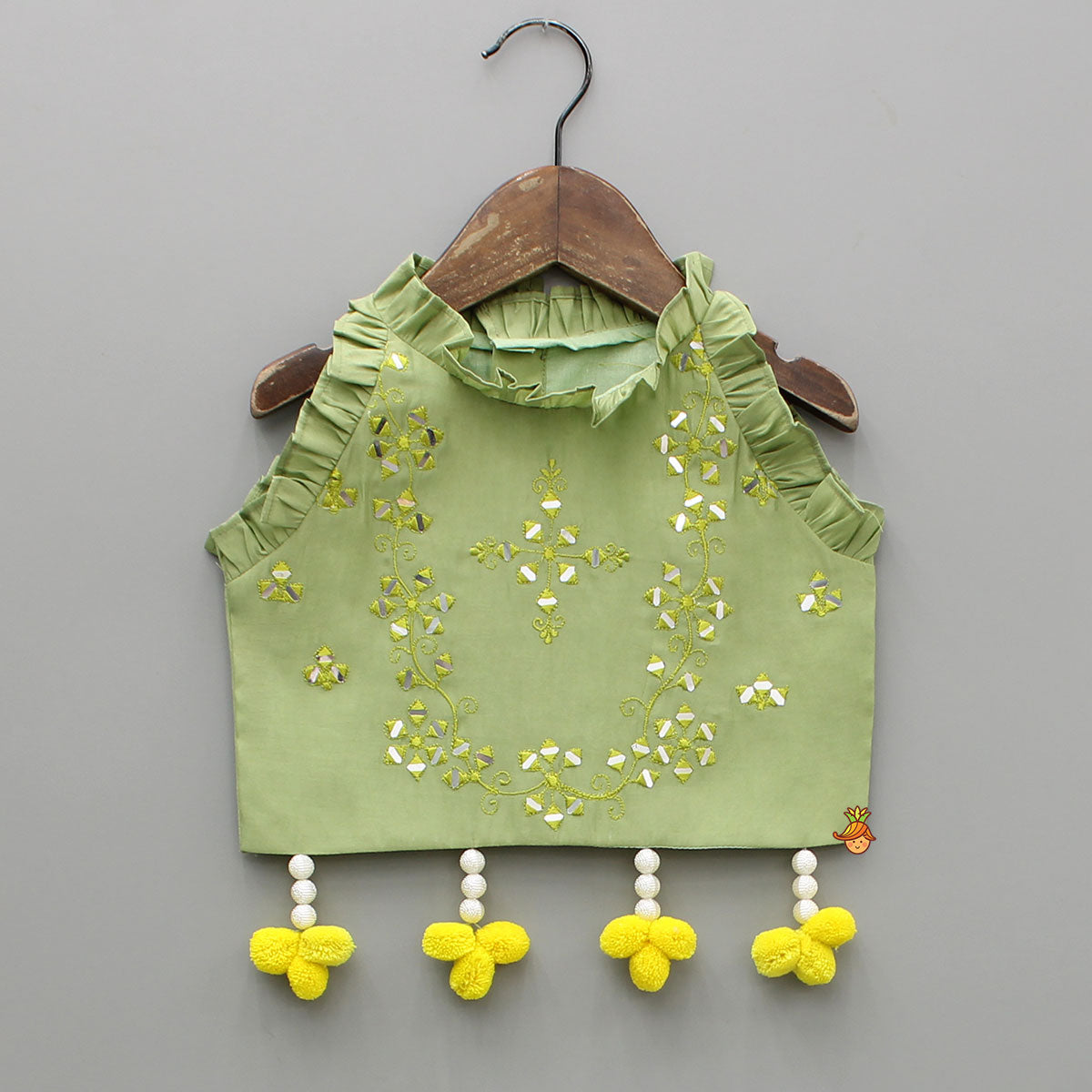 Pre Order: Faux Mirror Work Green Top And Lehenga With Net Dupatta