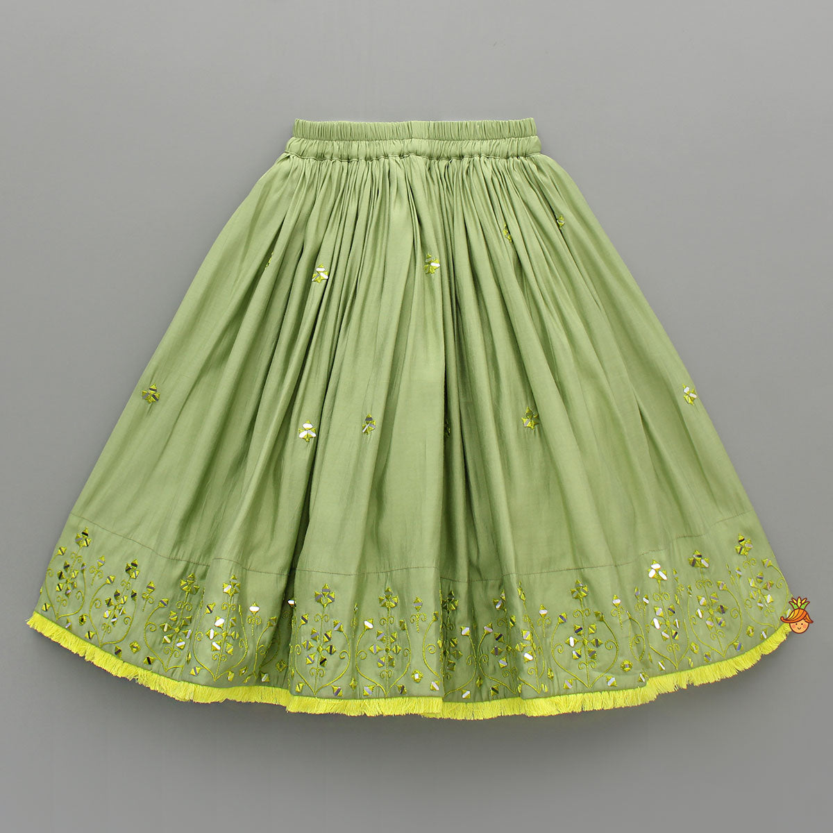 Pre Order: Faux Mirror Work Green Top And Lehenga With Net Dupatta