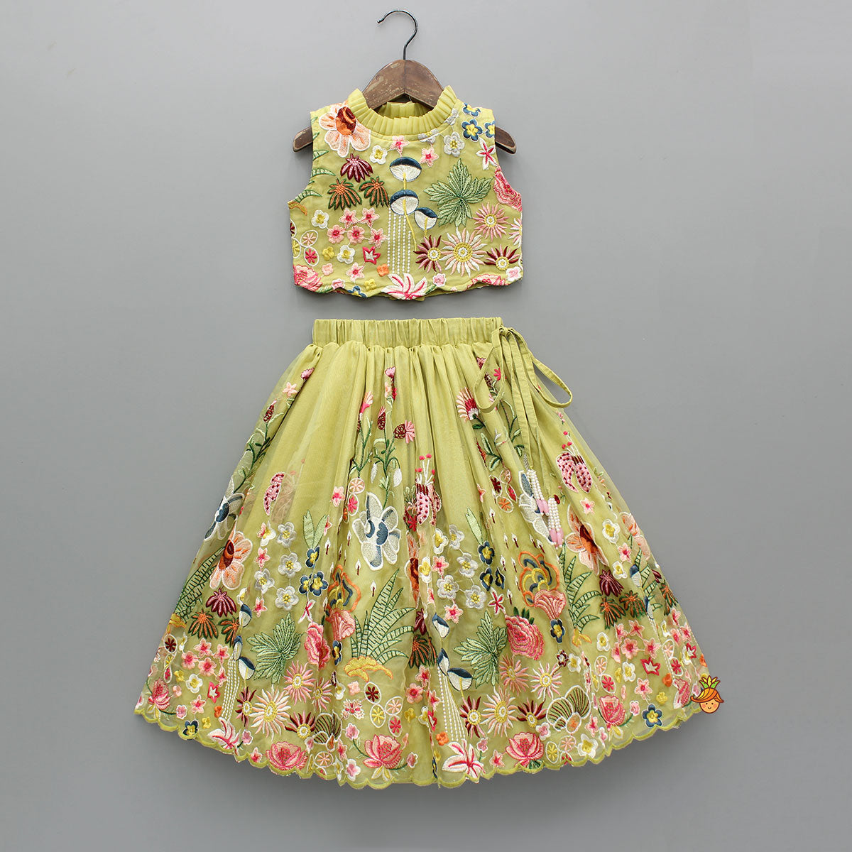 Pre Order: Scalloped Hem Thread Embroidered Green Top And Lehenga