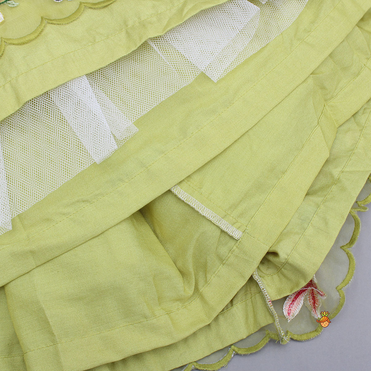 Pre Order: Scalloped Hem Thread Embroidered Green Top And Lehenga