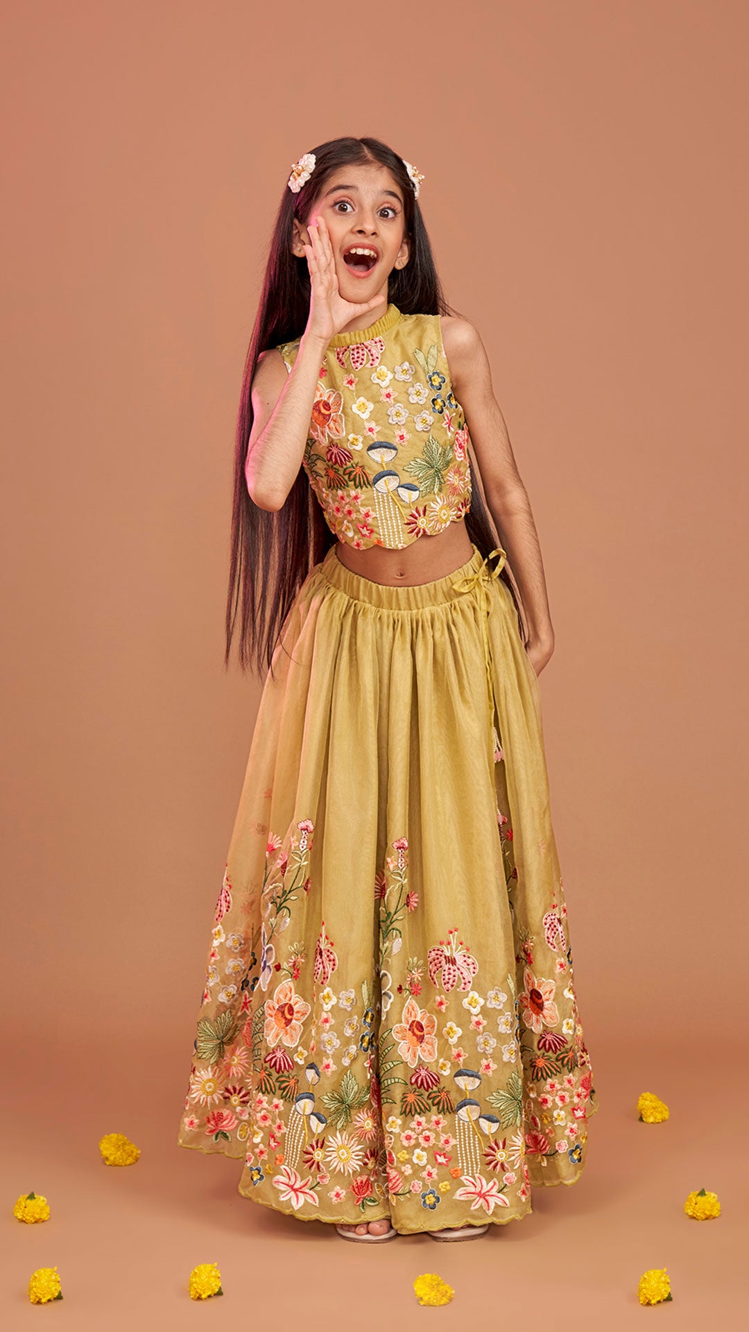 Pre Order: Scalloped Hem Thread Embroidered Green Top And Lehenga