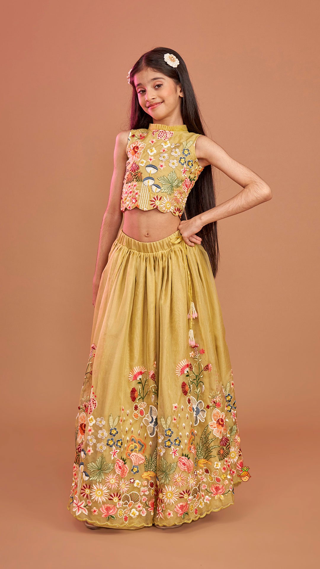 Pre Order: Scalloped Hem Thread Embroidered Green Top And Lehenga