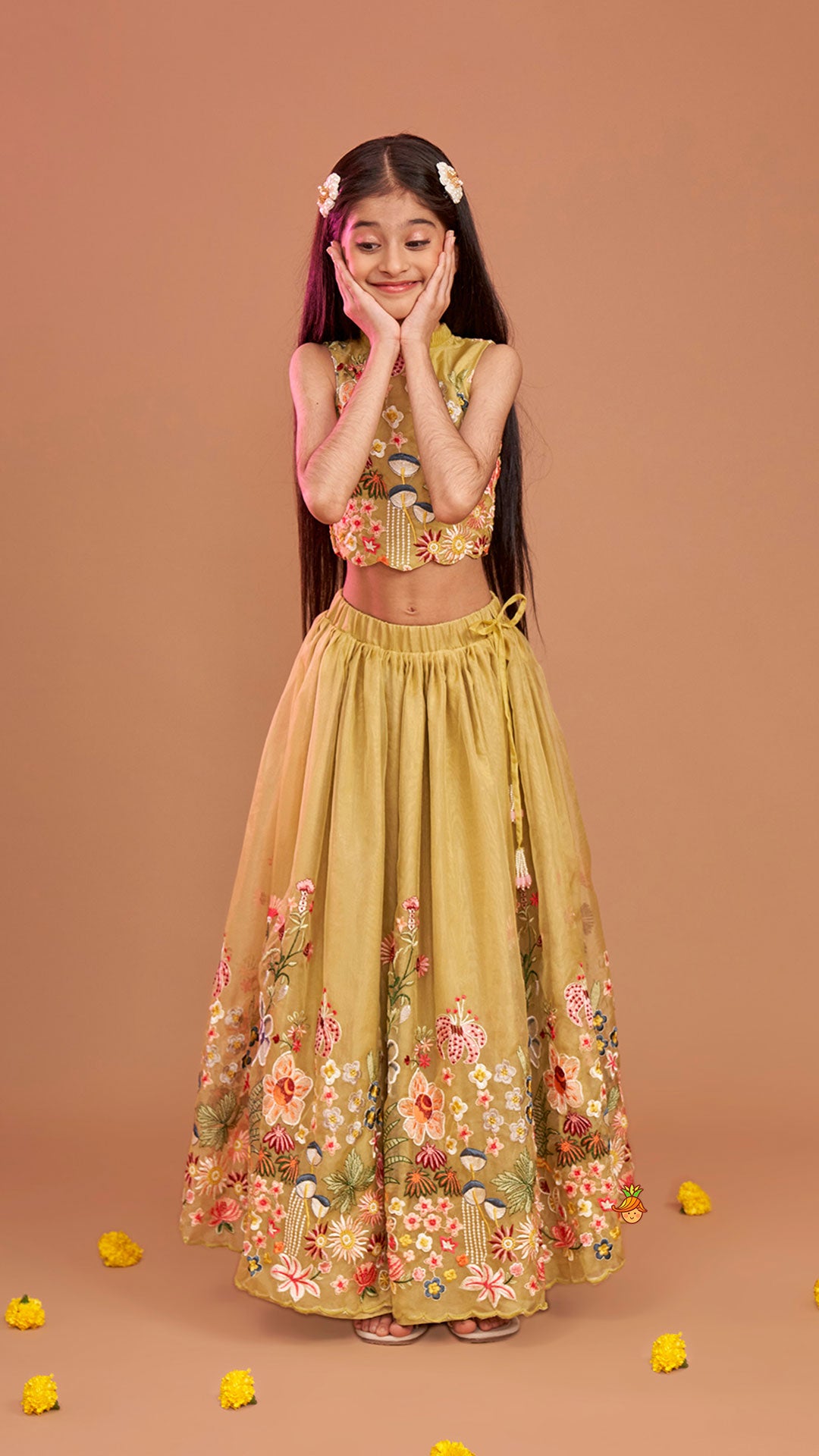 Pre Order: Scalloped Hem Thread Embroidered Green Top And Lehenga