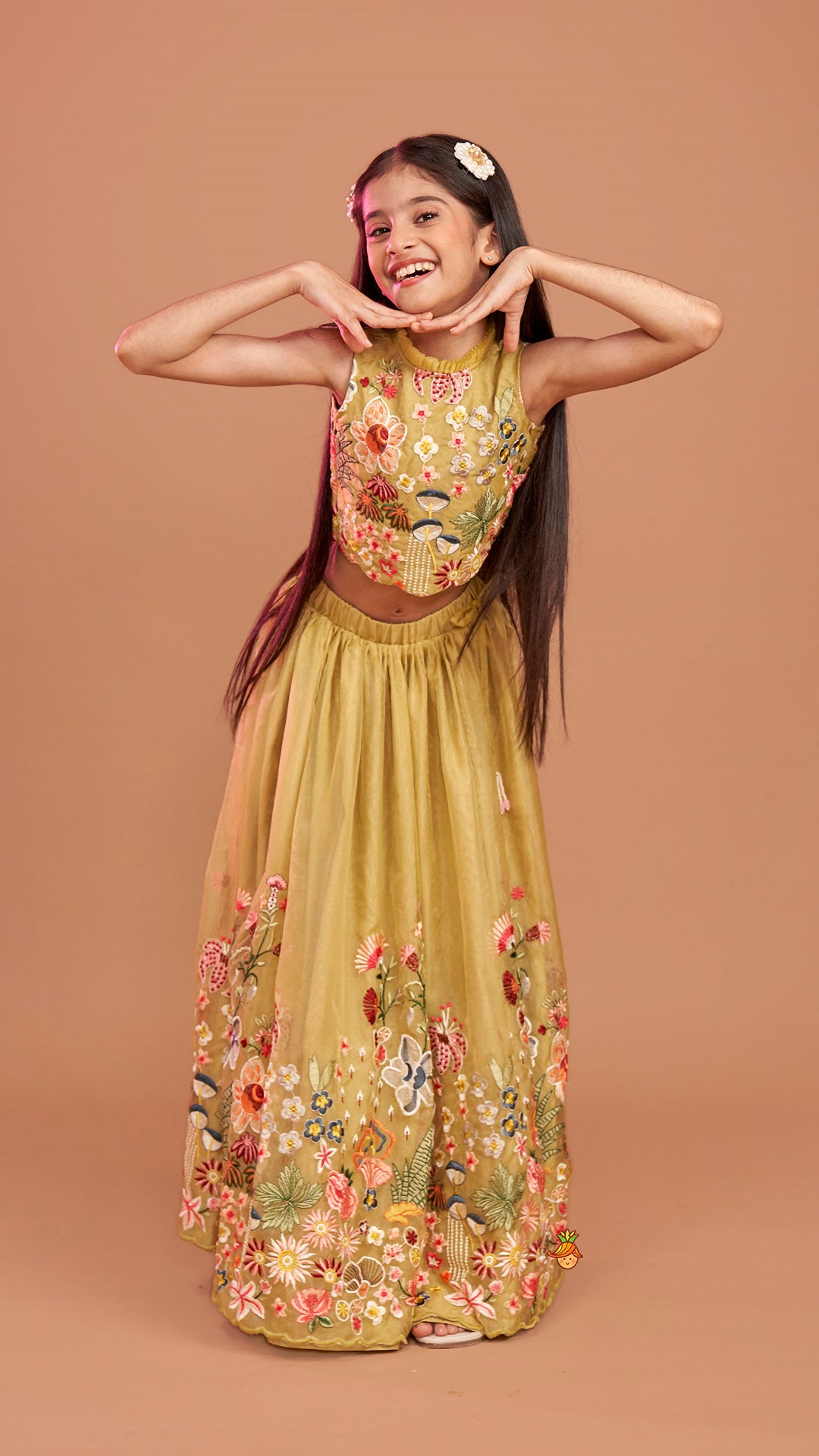 Pre Order: Scalloped Hem Thread Embroidered Green Top And Lehenga