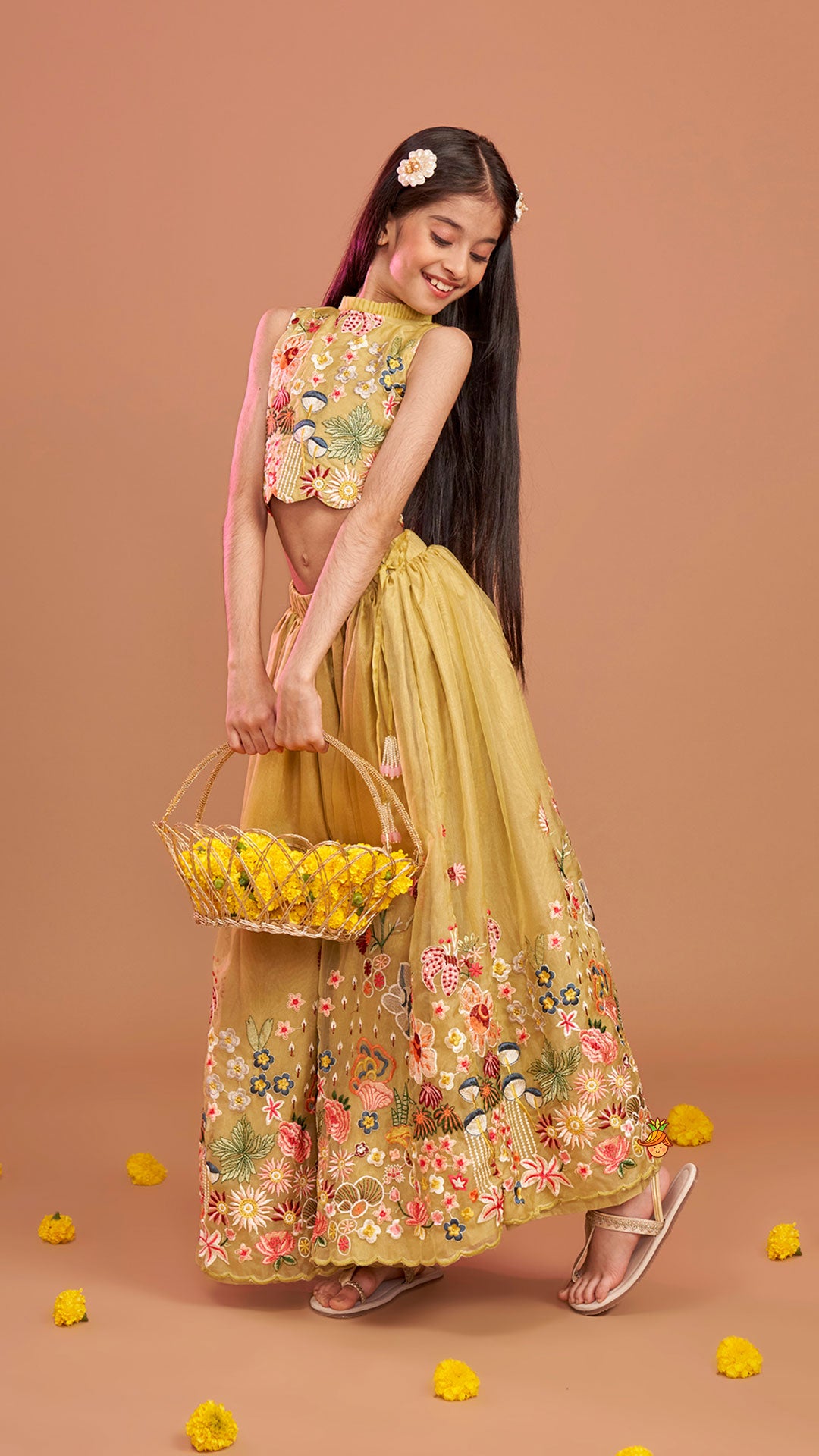 Pre Order: Scalloped Hem Thread Embroidered Green Top And Lehenga