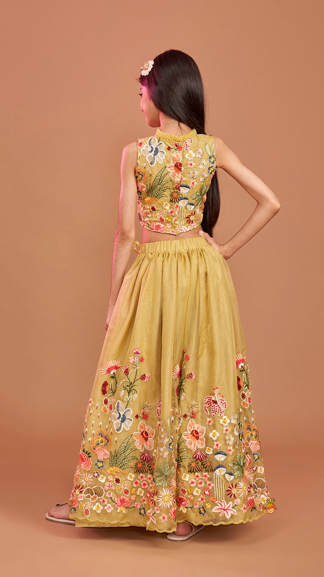 Pre Order: Scalloped Hem Thread Embroidered Green Top And Lehenga