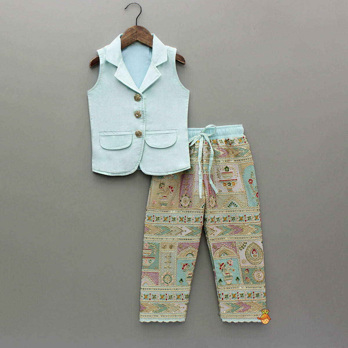 Pre Order: Blazer Style Blue Top And Heavy Zari Embroidered Pant