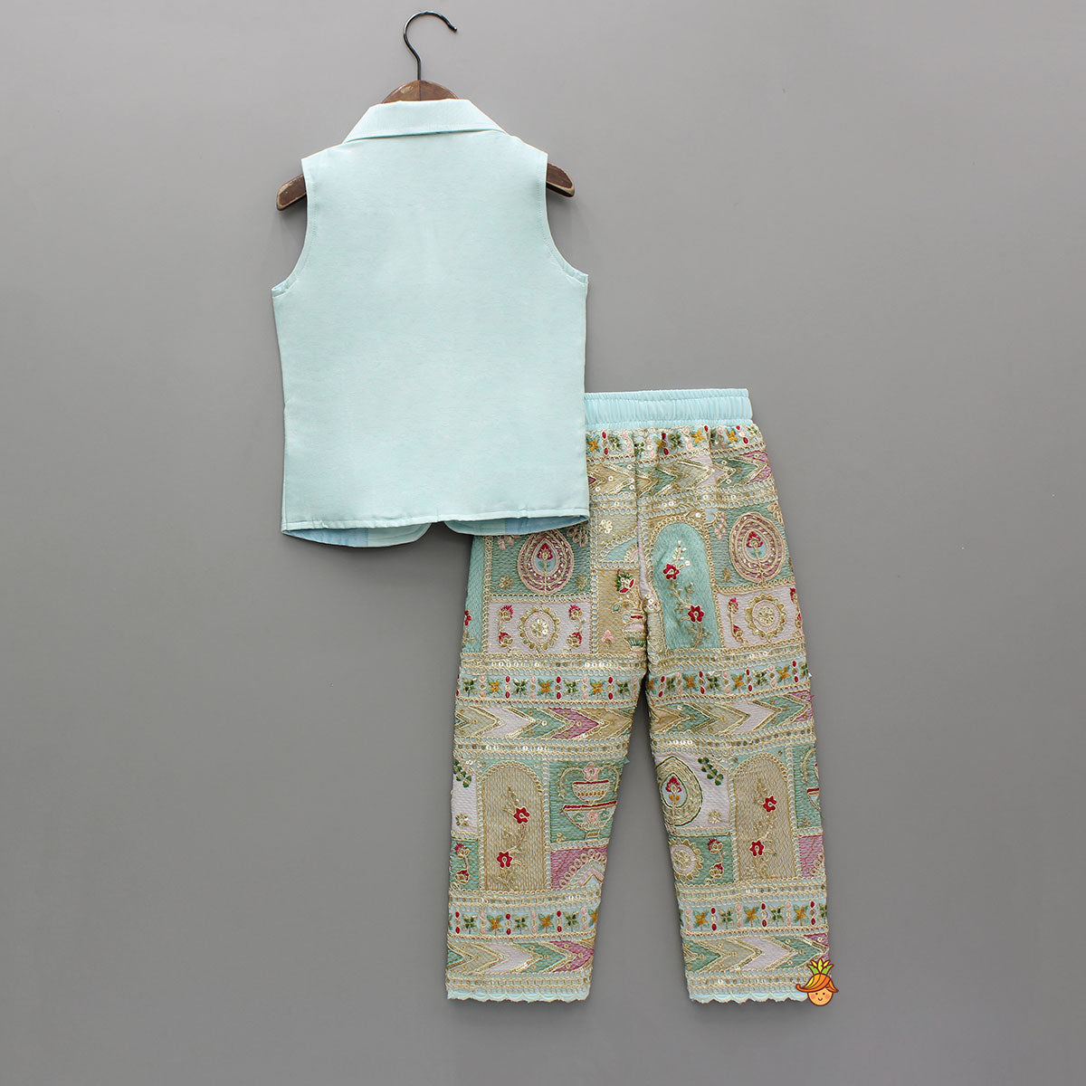 Pre Order: Blazer Style Blue Top And Heavy Zari Embroidered Pant