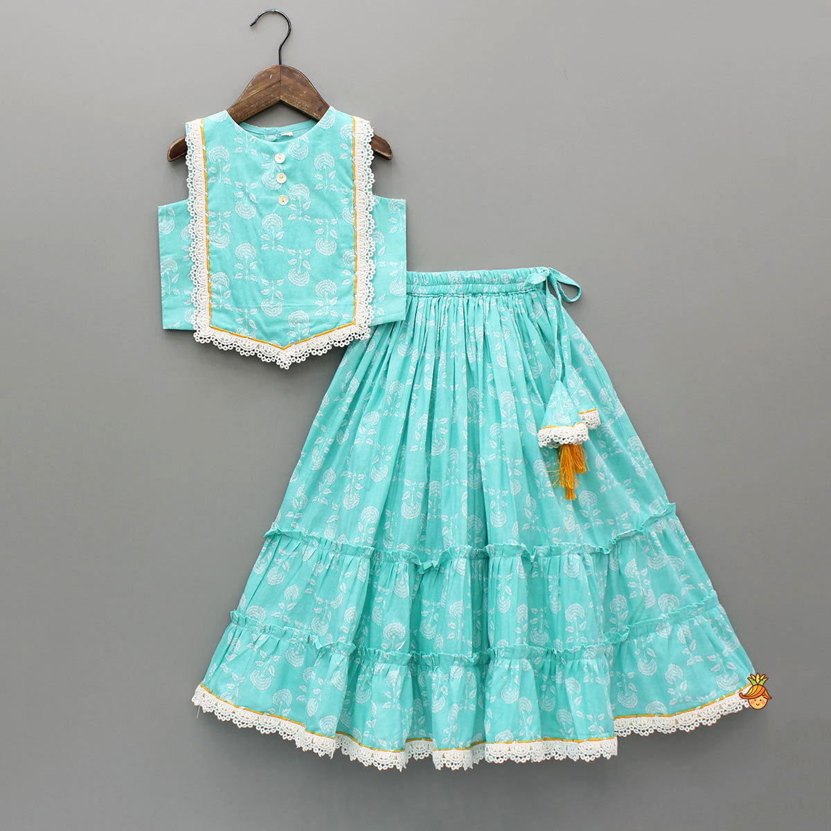 Pre Order: Blue Floral Printed Lace Top And Tiered Lehenga
