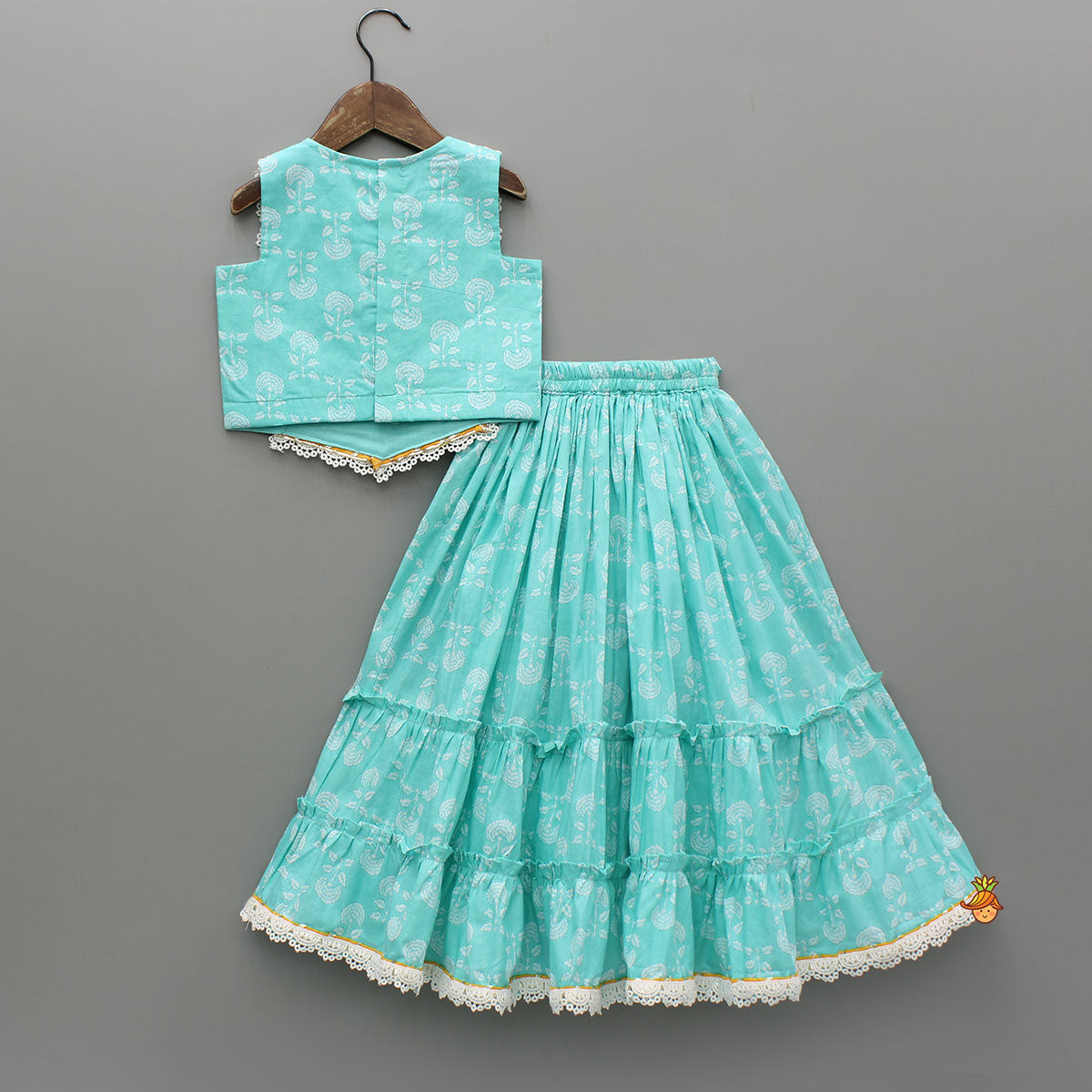 Pre Order: Blue Floral Printed Lace Top And Tiered Lehenga