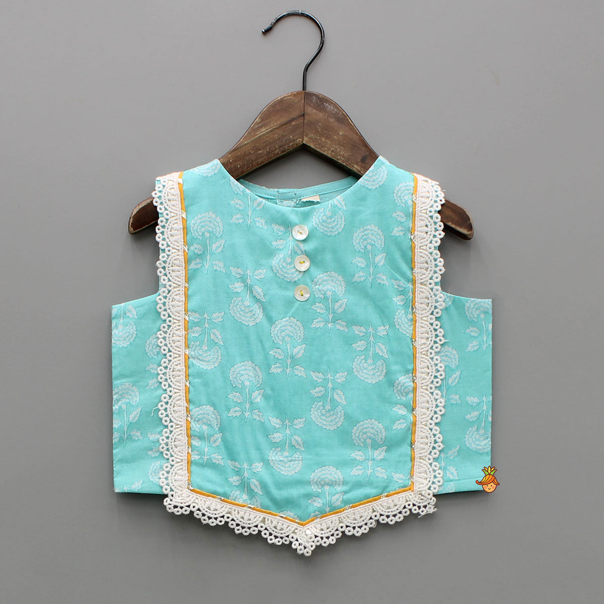 Pre Order: Blue Floral Printed Lace Top And Tiered Lehenga