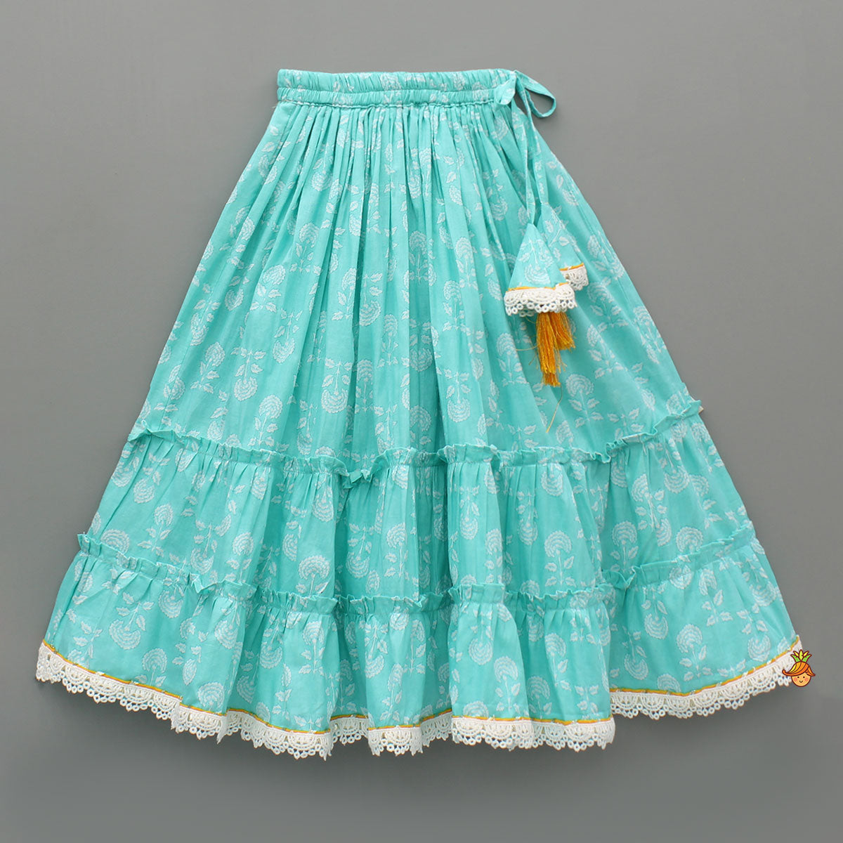 Pre Order: Blue Floral Printed Lace Top And Tiered Lehenga