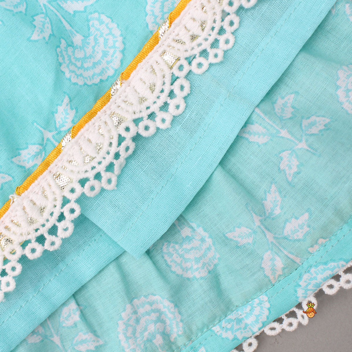 Pre Order: Blue Floral Printed Lace Top And Tiered Lehenga