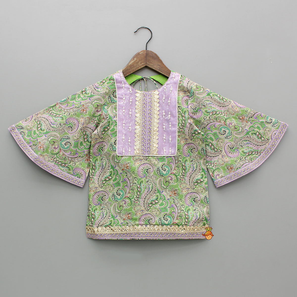 Pre Order: Yoke-Embroidered Green Top with Beige Dhoti