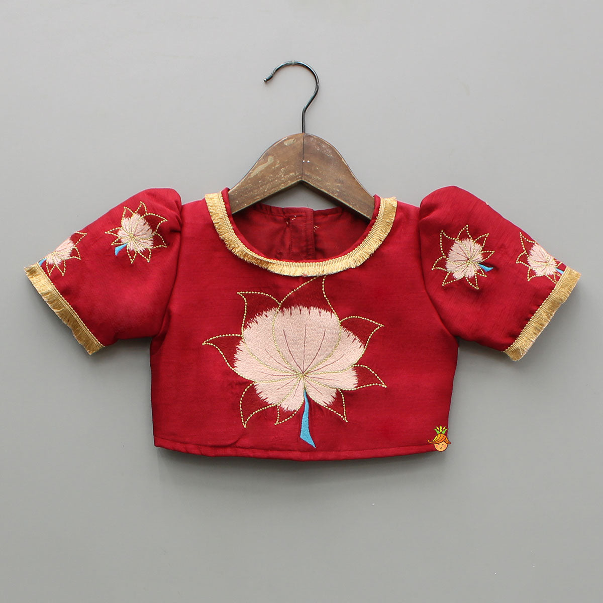 Pre Order: Red Top With Lotus Printed Lehenga And Fringed Dupatta
