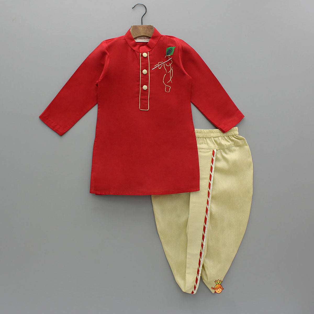 Krishna Embroidered Red Kurta And Dhoti