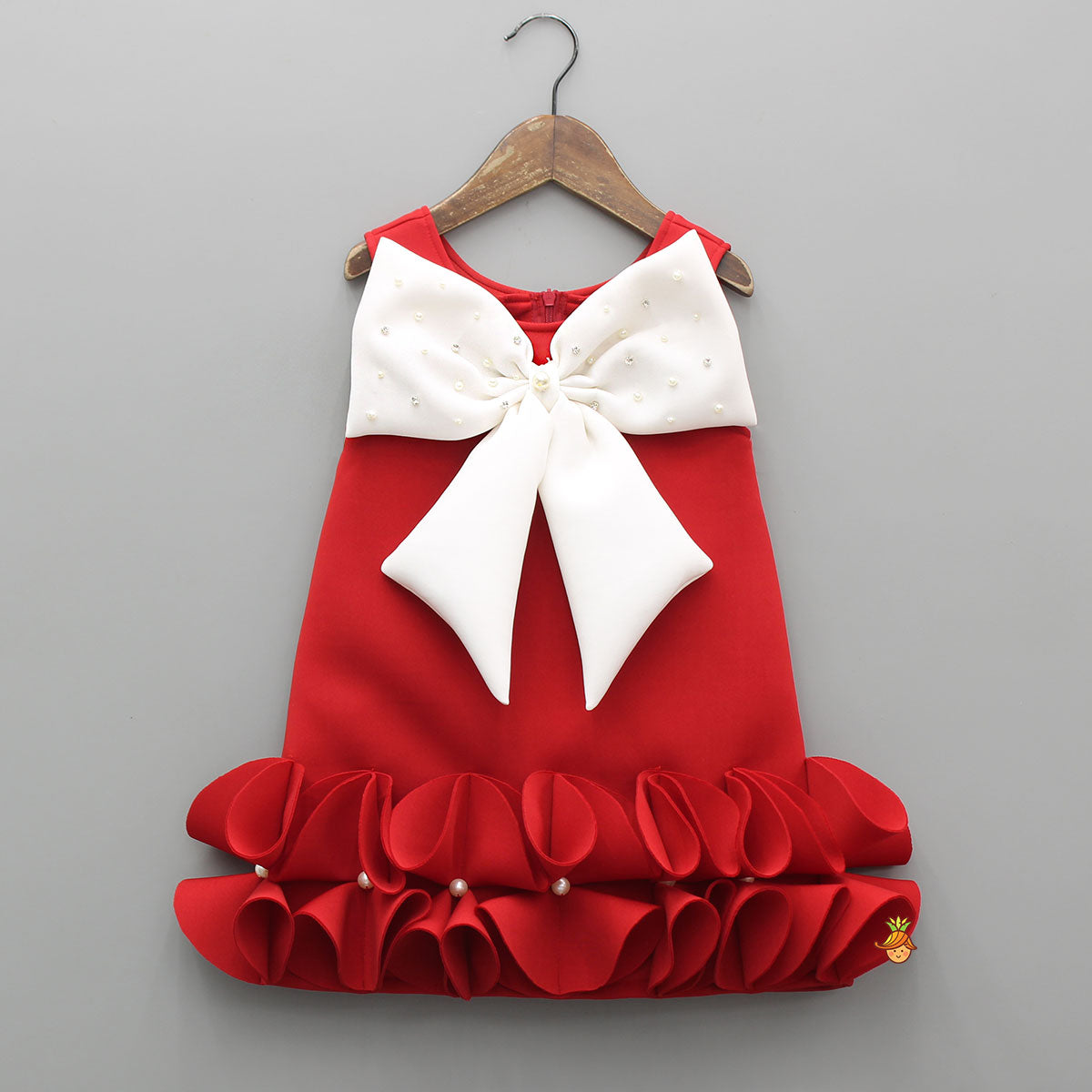 Pre Order: Red Ruffle Hem Dress With Bow Adornment